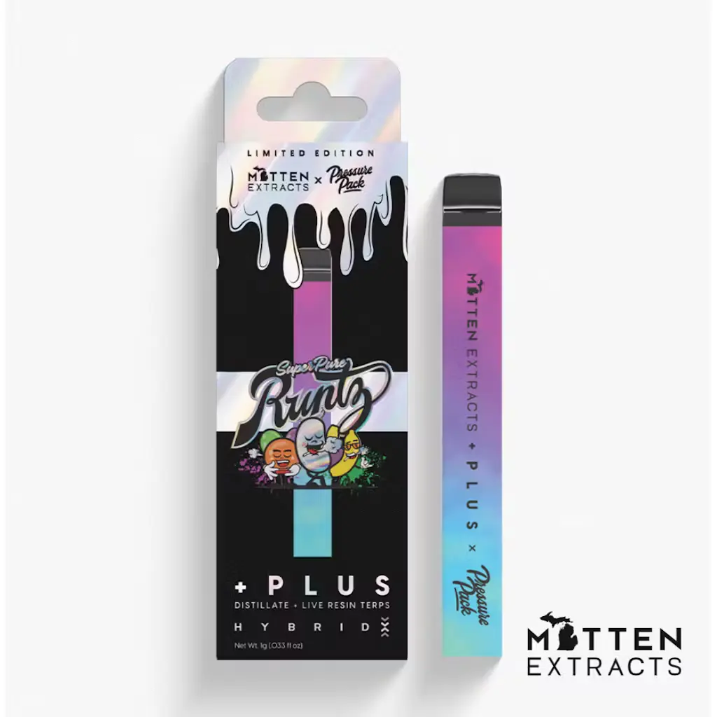 mitten + plus x pressure pack disposable super pure runtz 1g (hybrid) mitten + plus x pressure pack disposable super pure runtz 1g (hybrid)
